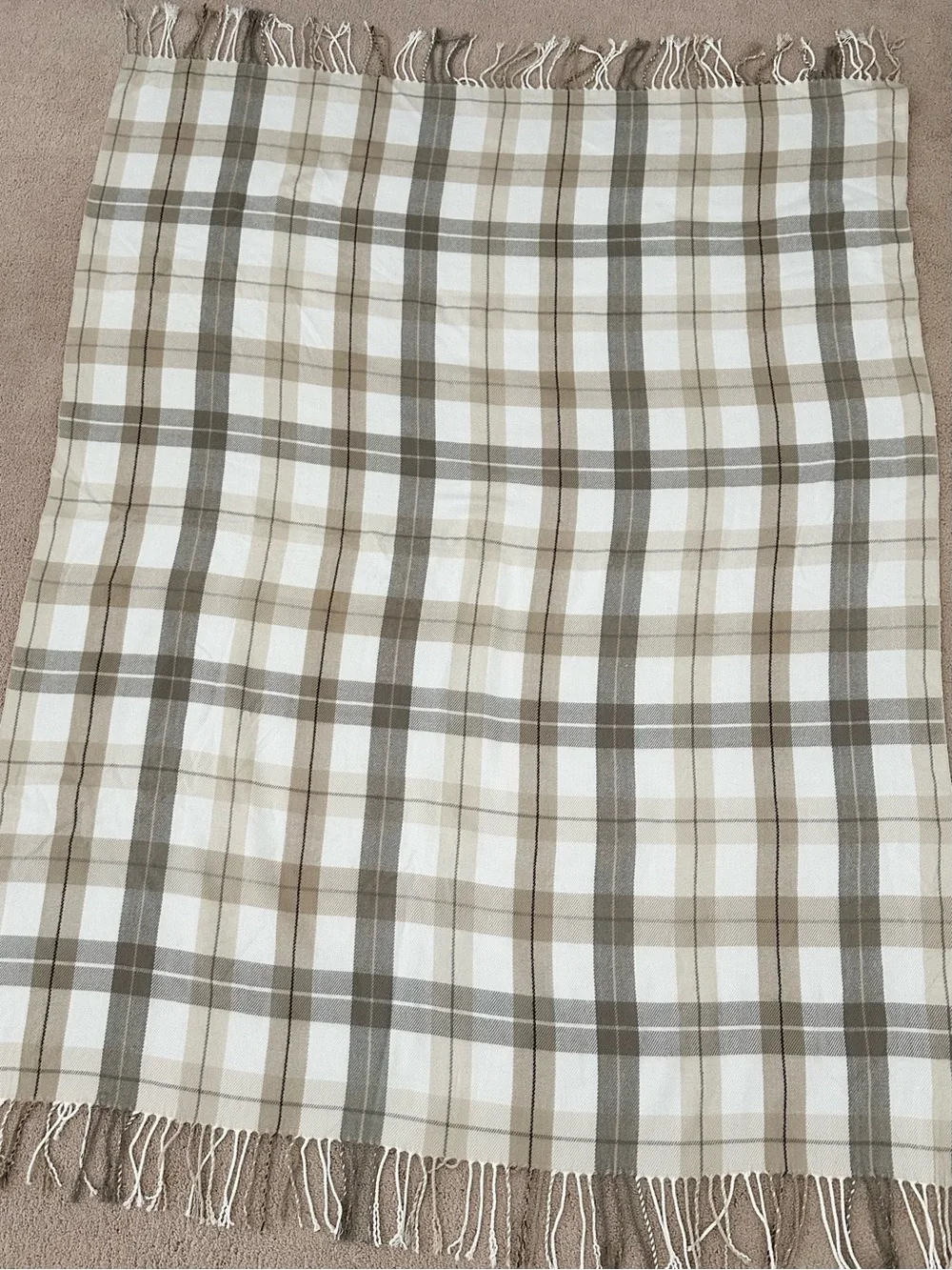 Fall Plaid Fringe Throw Blanket - Beige, Cream & Tan - Fall Harvest Decor